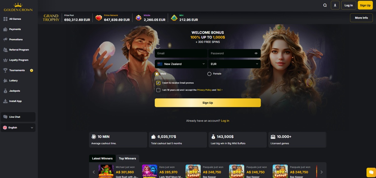Golden Crown homepage showing the welcome bonus of 100% up to $1,000